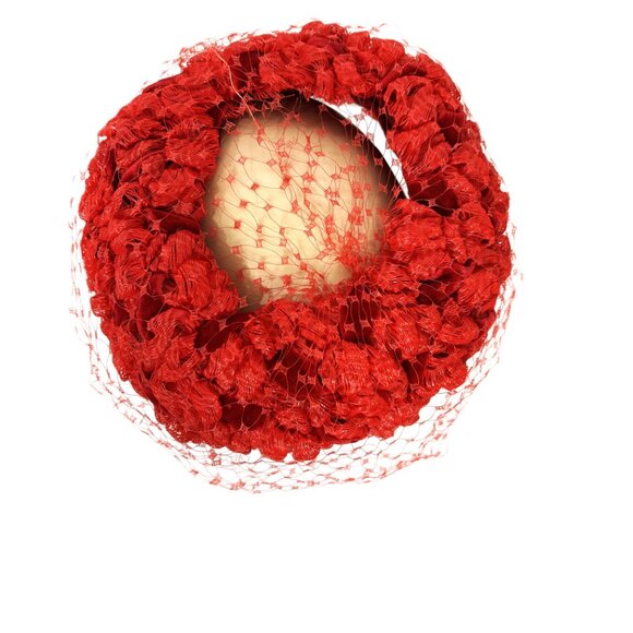 Mid-Century 60’s /clover Lane Red Cellophane Straw & Velvet Ribbon Hat Vintage main image 12
